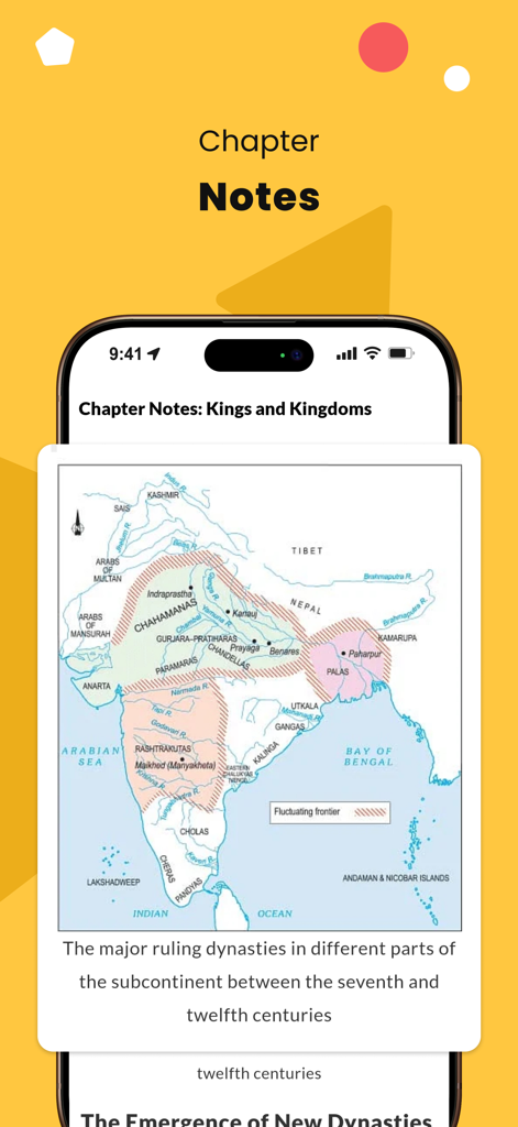 Class 7 CBSE NCERT & Maths App - Class 7 CBSE History chapter notes showing a map of ancient Indian dynasties