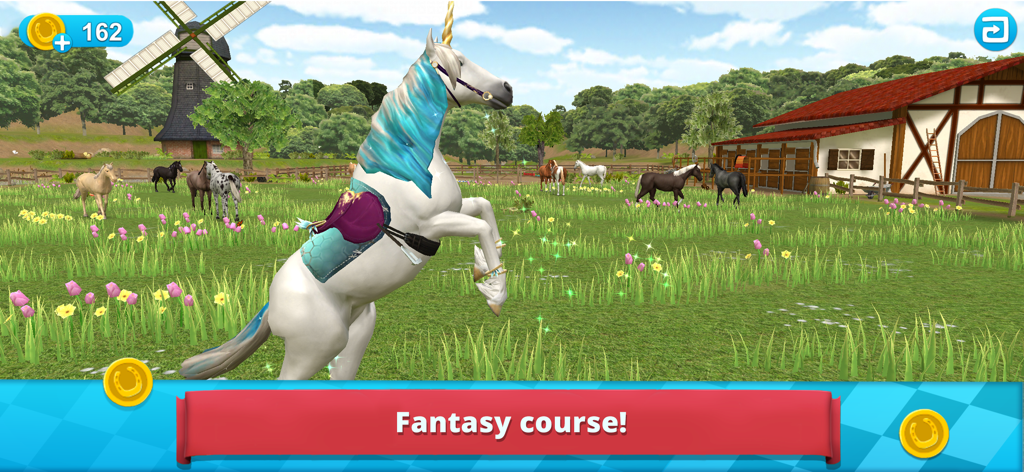 Un unicorno bianco che si impenna in un pascolo verde su un percorso fantasy.