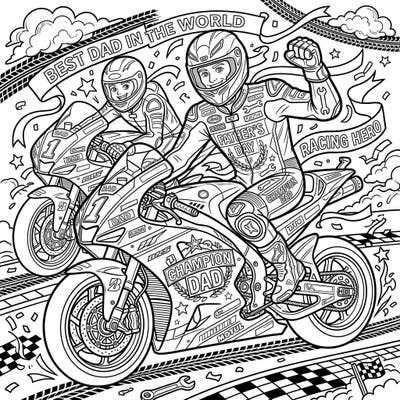 Get ready for high-speed fun with this dynamic MotoGP coloring page, specially designed to celebrate Father's Day! Your dad, a true racing hero, will love bringing these champion riders to life with vibrant colors.