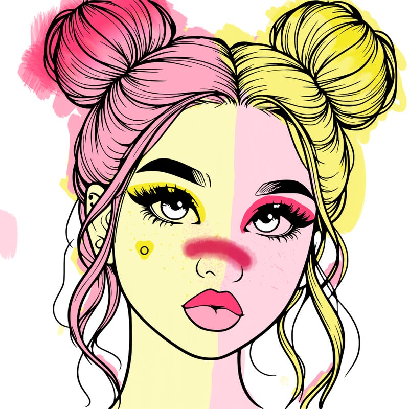 realistic girl with two buns on her hair and lips