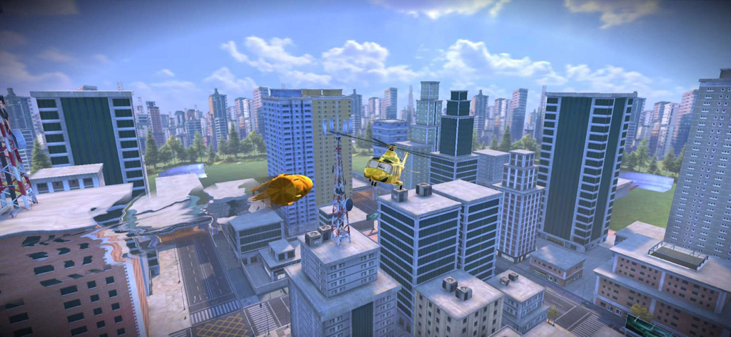 Wide 3D cityscape view with a helicopter and blimp in Sniper 3D