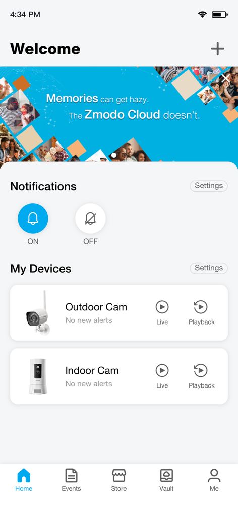 Tableau de bord de l'application Zmodo affichant les caméras extérieures et intérieures connectées avec les paramètres de notification