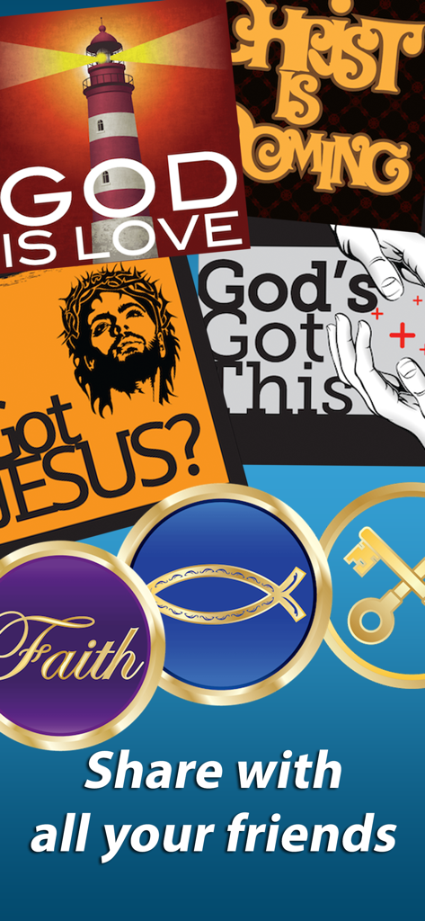 Una colección de pegatinas cristianas e iconos religiosos de la aplicación Holy Emojis con citas inspiradoras y símbolos de fe