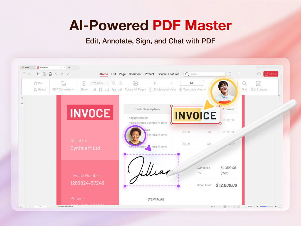 WPS for Pad: AI Office & PDF - A user signing a digital invoice with an Apple Pencil in the WPS for Pad AI PDF editor interface