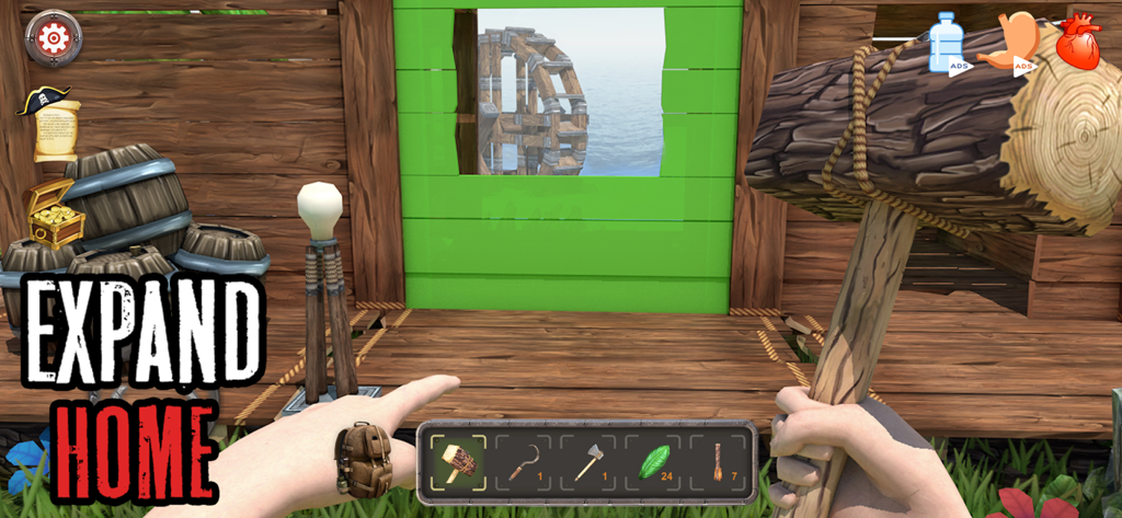 Shark Land: Desert Island - First person view of a player building a wooden house in Shark Land
