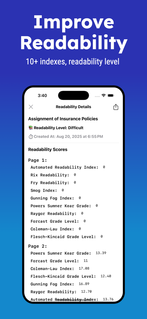 Plagiarism Checker - Detect AI - Una pantalla móvil que muestra puntuaciones detalladas de legibilidad e índices de nivel de grado para un trabajo escrito.