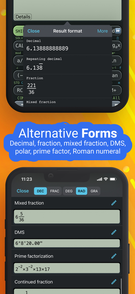 NCalc Scientific Calculator + - Interface do aplicativo NCalc mostrando vários formatos de resultados matemáticos como decimal, fração e fatoração prima