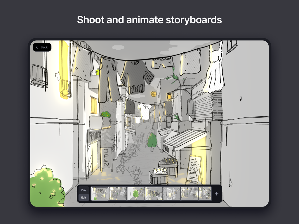Feather 3D app interface for shooting and animating storyboards