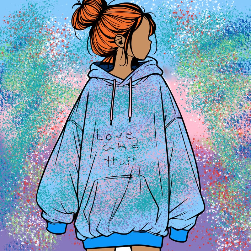 realistic girl with a oversized sweatshirt on and a bun