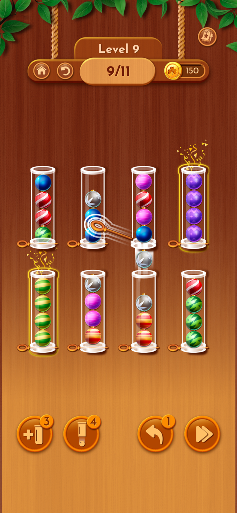 Gameplay screenshot of Woody Sort showing colored balls in glass tubes with a rustic wood background and a pin pulling mechanic.