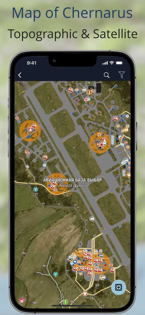 Satellite map of Chernarus with markers in the iZurvive app