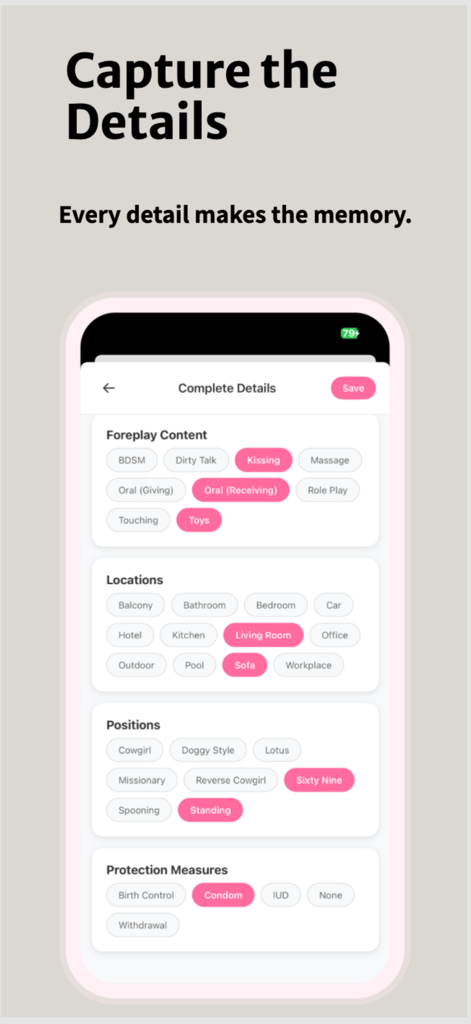IntiMates: Sex Tracker - Interfaz de la aplicación IntiMates para registrar detalles de actividad íntima, incluyendo posiciones, lugares y medidas de protección.