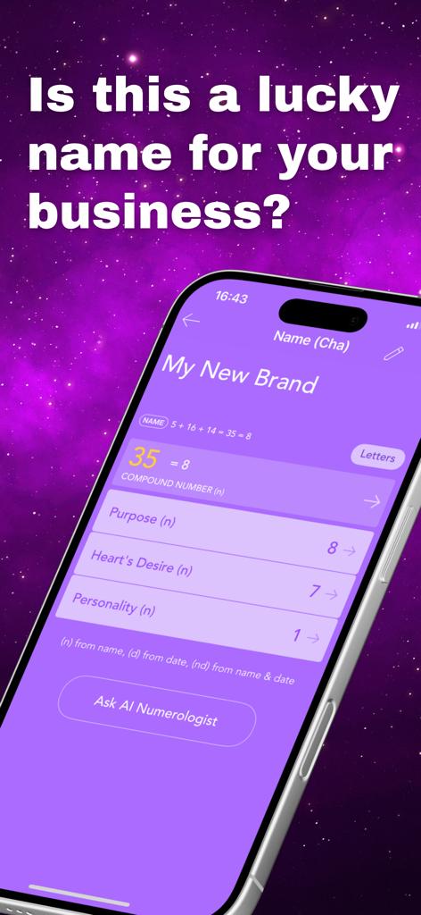 Pocket Numerology - Pocket Numerology app interface showing a business name analysis for brand luck and purpose