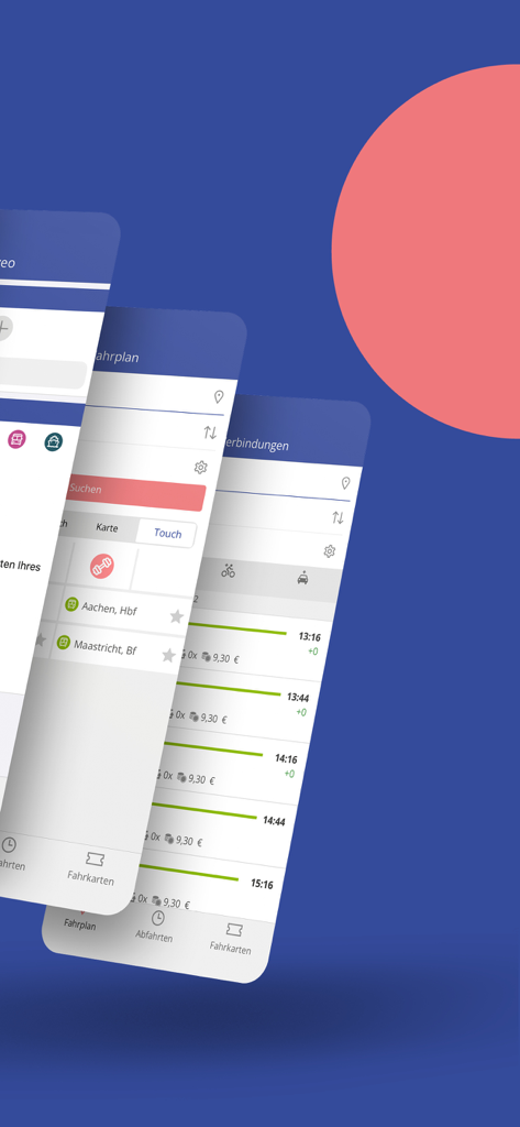 AVV connect - Overlapping screens of the AVV connect naveo transit app showing travel connections and ticket fare information