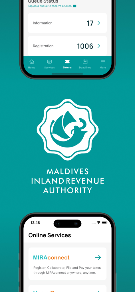 Screenshots of MIRA Maldives mobile app showing queue status and online services