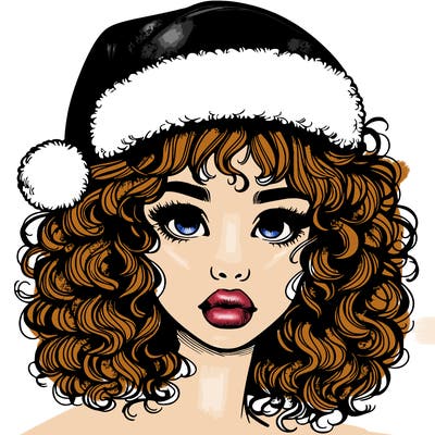 realistic girl with a santa hat curly hair and lips