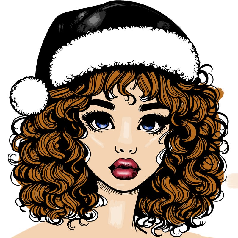 realistic girl with a santa hat curly hair and lips