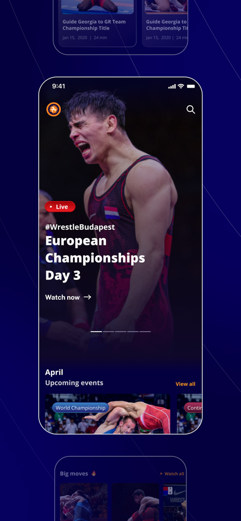 UWW - UWW app mobile screen showing live European Wrestling Championships coverage and upcoming events