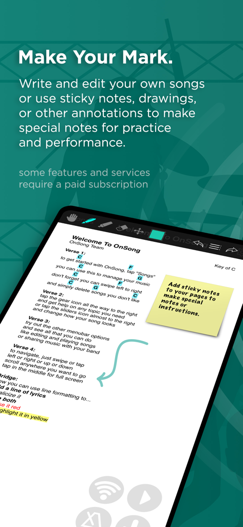 Digital sheet music with sticky notes and hand drawn annotations in the OnSong 2026 app