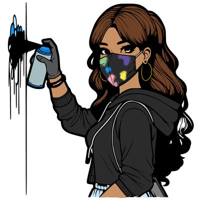 realistic girl with mask spray painting a wall