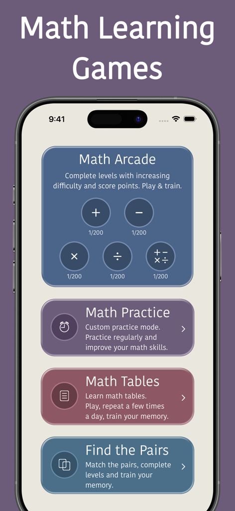Mental Math Trainer Games - Home screen of Mental Math Trainer Games app featuring Math Arcade, Practice, Tables, and Find the Pairs sections.