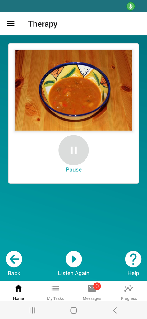 Un écran d'exercice d'orthophonie dans My Aphasia Coach montrant une photo d'un bol de soupe avec des commandes audio.