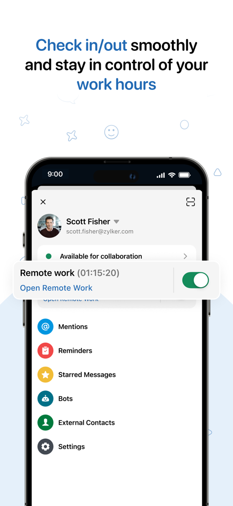 Zoho Cliq mobile interface for checking in and managing remote work hours