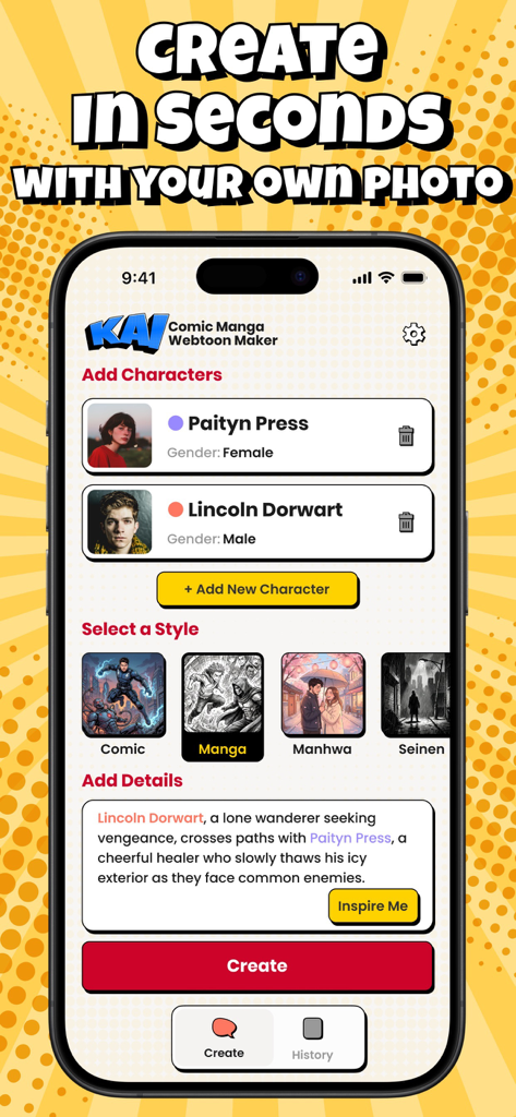 Interfaz de la aplicación KAI para crear personajes de manga y manhwa a partir de fotos