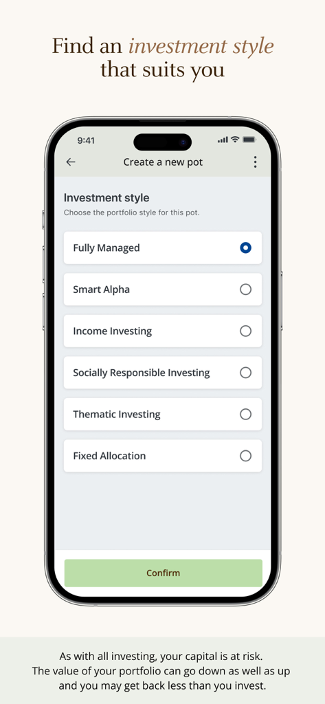 J.P. Morgan app interface showing various investment style options such as Fully Managed and Socially Responsible Investing.