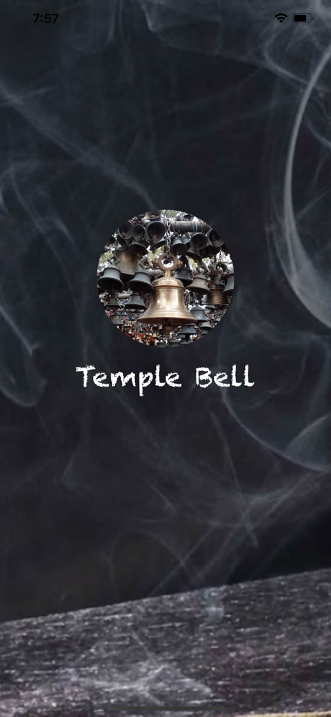Temple Bell - Temple Bell app splash screen showing a collection of brass bells and smoke background