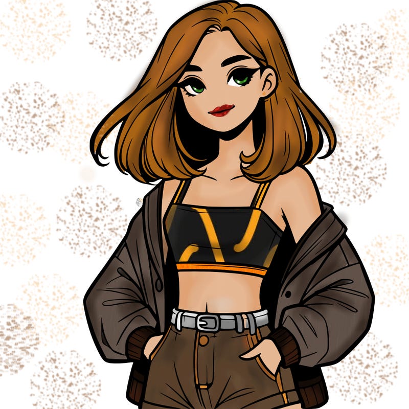 a realistic girl with a crop top and short shorts in an open jacket