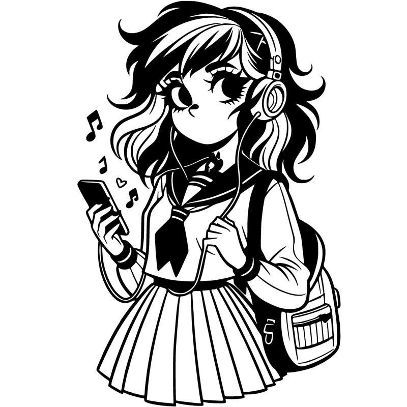 teen goth girl in school girl uniform listening to music