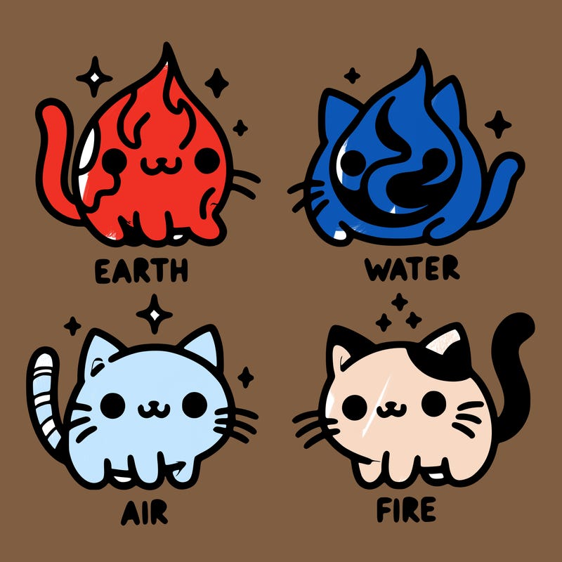 4 cats that represent the different elements, earth, water, air, and fire