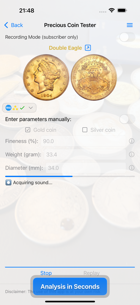 Precious Coin Tester - Precious Coin Tester app interface showing the gold Double Eagle analysis screen with manual parameters