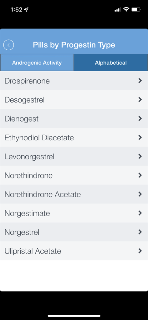 Mobile app screen showing a list of birth control pills categorized by progestin type including Drospirenone and Levonorgestrel