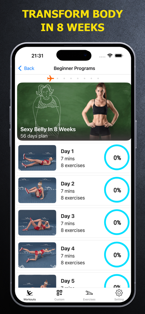 Female Fitness - Home Workout - Female Fitness app screenshot showing an eight-week beginner workout program for belly toning