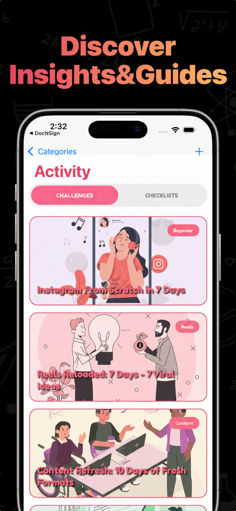 Get Followers & Likes Boost - Interface of the app showing social media marketing guides and challenges for creators
