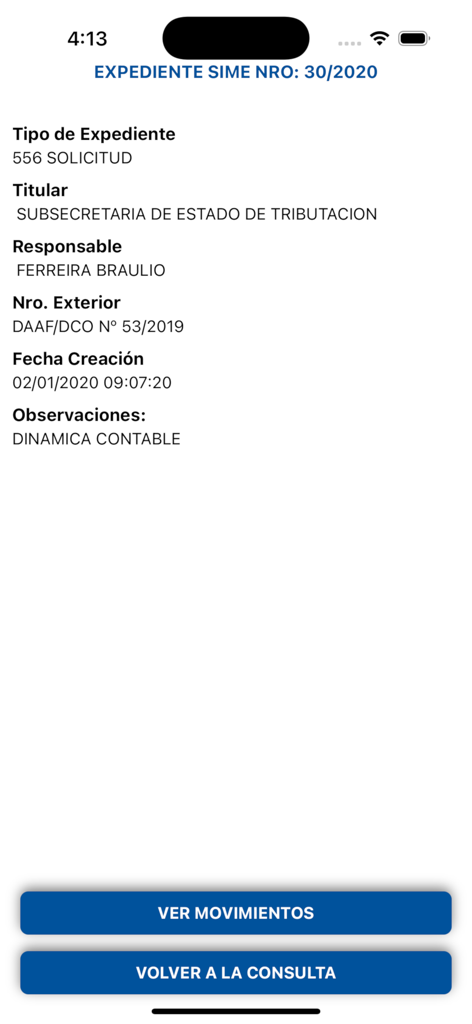 MEF Consultas - Interfaz que muestra los detalles de un expediente SIME en la aplicación MEF Consultas