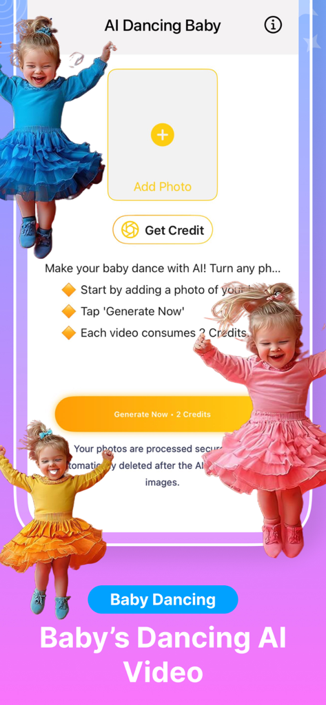 AI Face Generator - Baby Blend - AIダンシングベイビー機能のインターフェース。写真からビデオを作成する方法を示しています