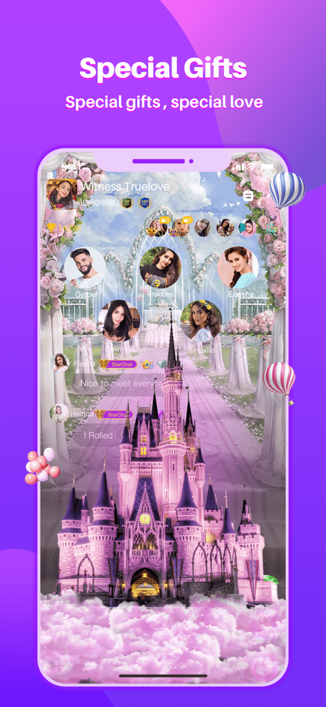 StarChat app screenshot showing a group voice room with a pink castle theme and virtual gifts