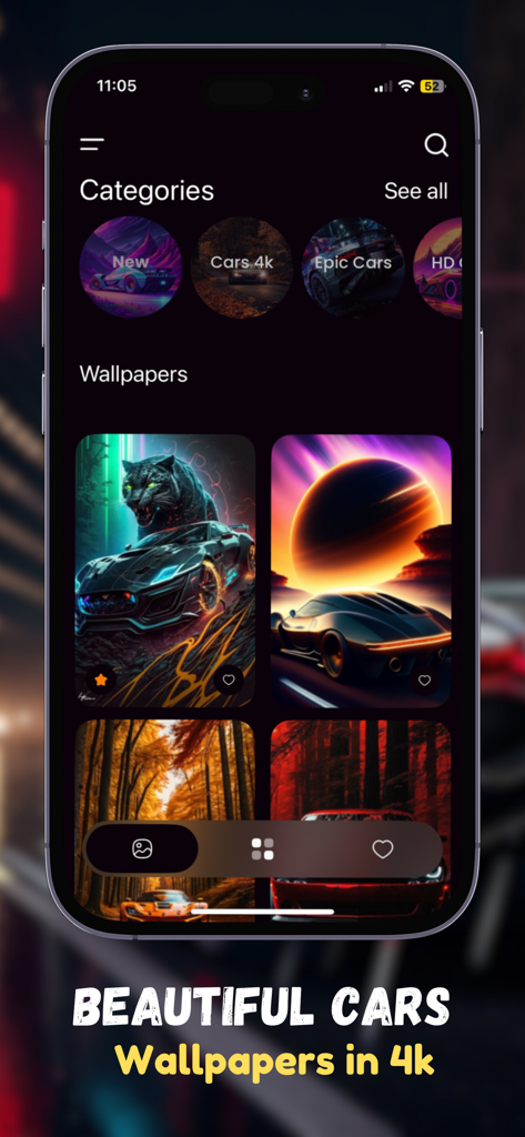 Car Wallpaper 4k - Interfaz de la aplicación Fondo de Pantalla de Coche 4k mostrando categorías y fondos artísticos de coches