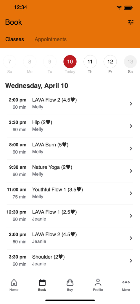 LAVA Singapore mobile app displaying a daily schedule of hot yoga classes for women.
