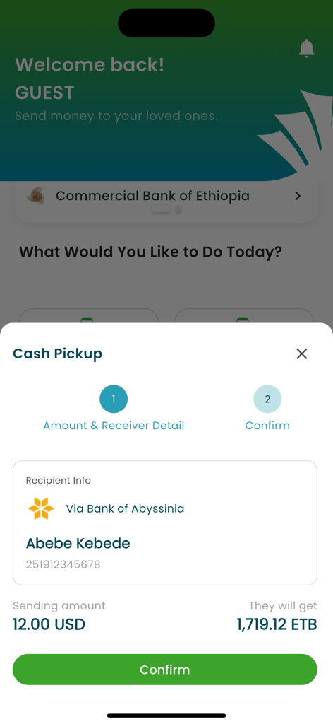 Arif Remit - Arif Remit cash pickup confirmation for sending money to Ethiopia