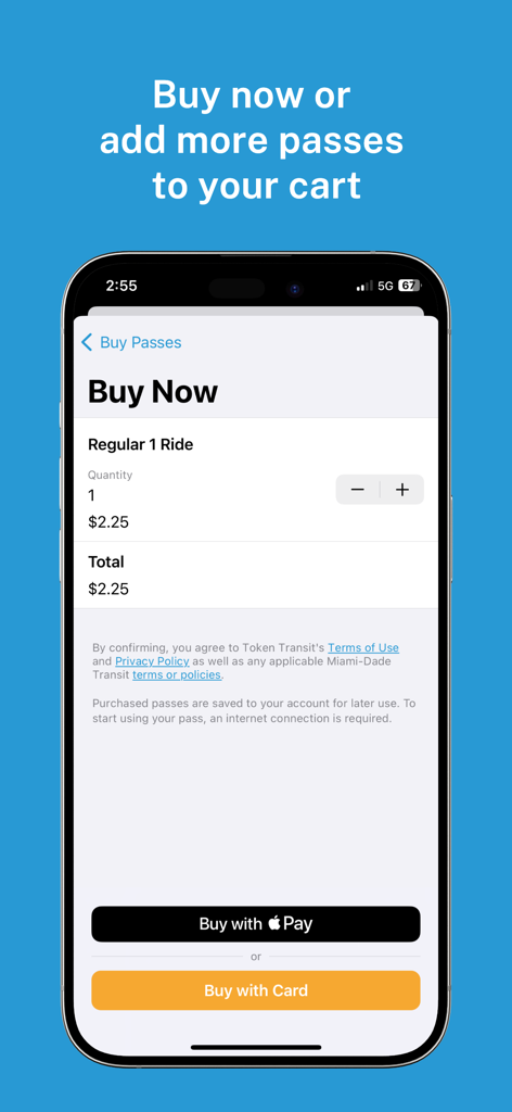 Token Transit - Token Transit mobile app checkout screen showing options to purchase a single ride pass using Apple Pay or a credit card.