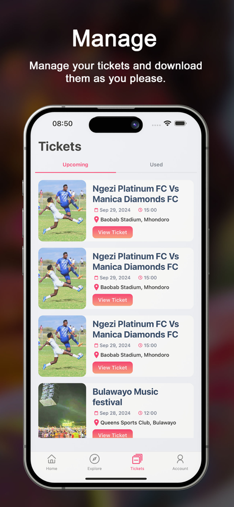 Zim Tickets - Zim Tickets mobile app showing the manage tickets screen with upcoming event listings for soccer matches and music festivals