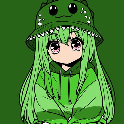 girl with anime shaped eyes with a dinosaur bucket hat oversized sweatshirt long straight hair