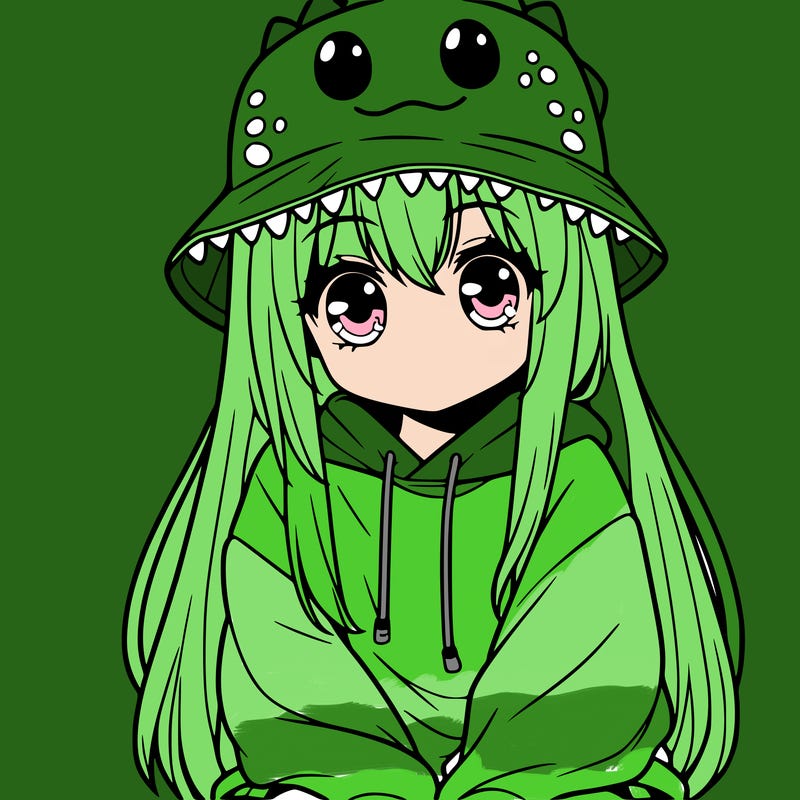 girl with anime shaped eyes with a dinosaur bucket hat oversized sweatshirt long straight hair