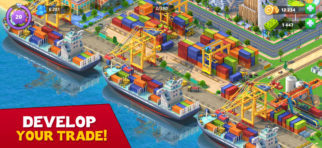 Global City: Building games - A bustling seaport with cargo ships and colorful shipping containers in Global City.