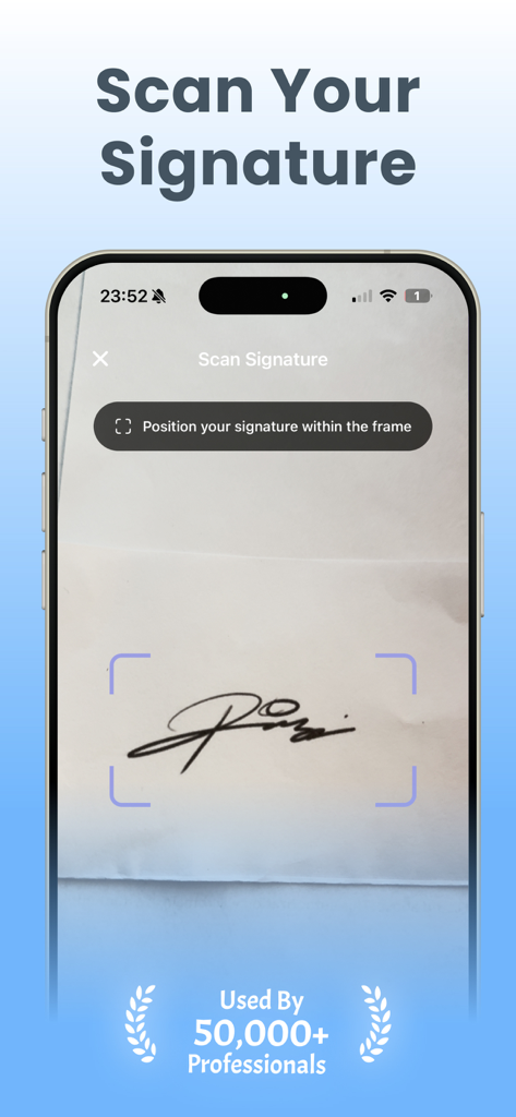 eSigns PDF: Signature Scanner - Interface of the eSigns PDF app showing the process of scanning a handwritten signature with a smartphone camera.