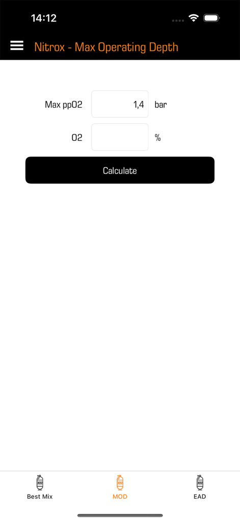 Scuba Gas Calculator - Scuba Gas Calculator app interface for calculating Nitrox Max Operating Depth